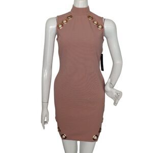 new AS U WISH Dress, S, Bodycon, Dusty Pink, Rose Gold Grommets, High collar